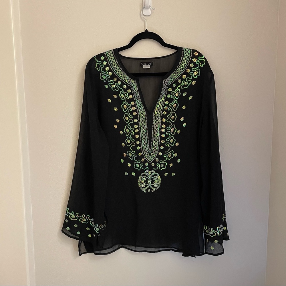 Venus, Black Sheer, Sequin Woman’s Top or Bathing Suit Cover Up. XL